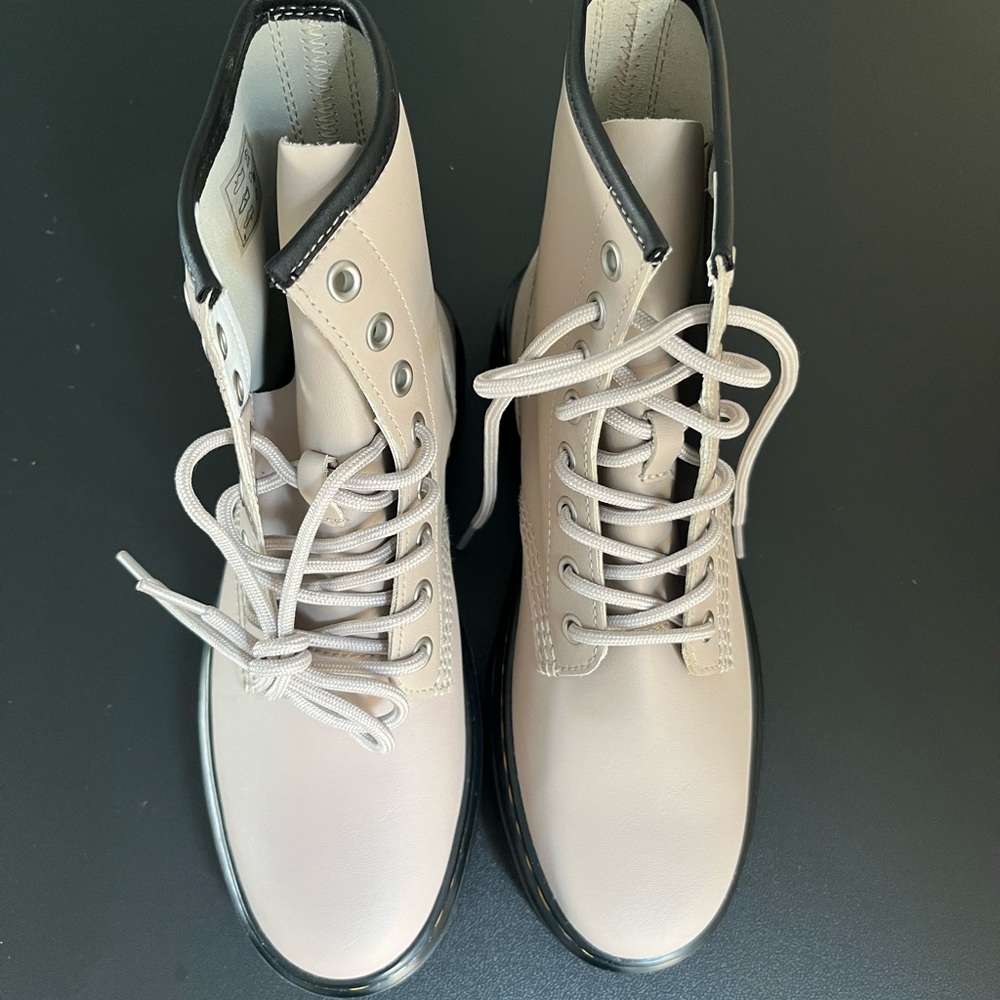 Dr. Martens Cream Lace-Up Boots with Black Trim and Yellow Heel Loop